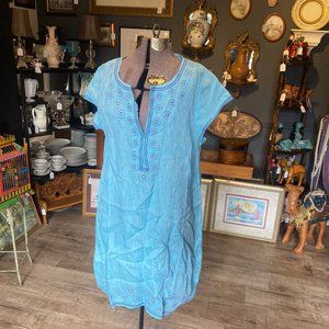 HIHO Tortola BVI Size Large Blue Radiance Baja Blue 100% Linen Cap Sleeve Dress